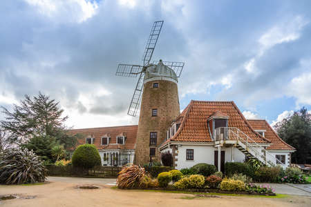 Stone windmill in Saint Peter, bailiwick of Jersey, Channel Islands, UKの写真素材