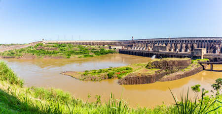 World's largest Itaipu hydroelectric dam on the Parana River located on the border between Brazil and Paraguayの写真素材