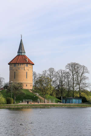Slottsparken park pond and old tower panorama, Malmo, Swedenのeditorial素材