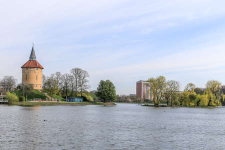 Slottsparken park pond and old tower panorama, Malmo, Swedenのeditorial素材