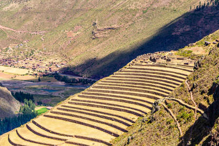 Ancient Incan farm terraces on the mountain slope, Pisac, Peruの写真素材