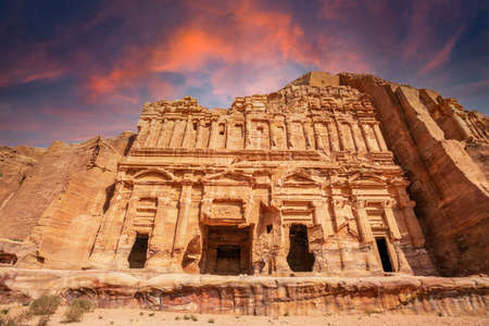 Ancient Nabataean Palace tomb carved in sandstone rock, Petra, Jordanのeditorial素材
