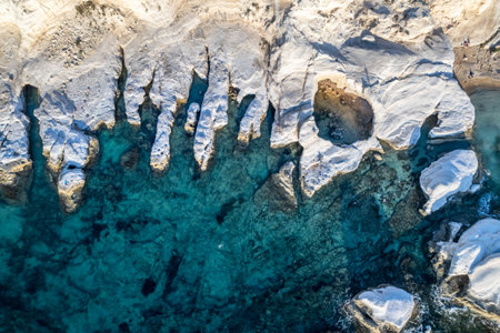 White rocks and sea caves coastal panorama view from above, near Paphos, Cyprusの写真素材