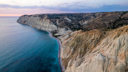 Sunset near cape Aspro cliffs aerial panorama from drone, Limassol, Cyprusの写真素材