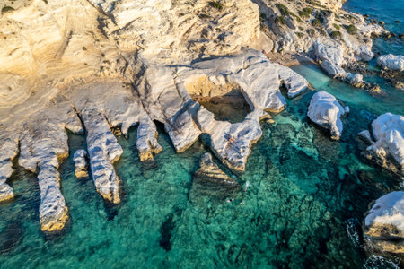 White rocks and sea caves coastal panorama view from above, near Paphos, Cyprusの写真素材
