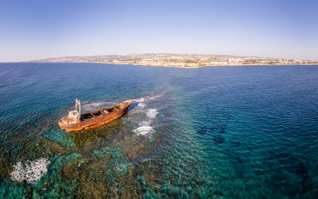 MV Demetrios II cargo ship wrecks on the coral riffs among the sea waves, Paphos, Cyprusの写真素材