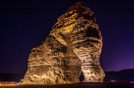 Sandstone elephant rock erosion monolith standing in the desert, Al Ula, Saudi Arabiaの写真素材