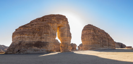 Sandstone elephant rock erosion monolith standing in the desert, Al Ula, Saudi Arabiaの写真素材