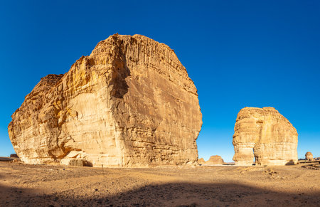 Sandstone elephant rock erosion monolith standing in the desert, Al Ula, Saudi Arabiaの写真素材