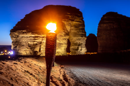 Illuminated by torch sandstone elephant rock erosion monolith standing in the night desert, Al Ula, Saudi Arabiaの写真素材