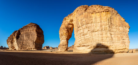 Sandstone elephant rock erosion monolith standing in the desert, Al Ula, Saudi Arabiaの写真素材