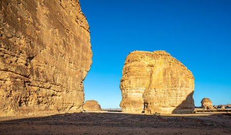 Sandstone elephant rock erosion monolith standing in the desert, Al Ula, Saudi Arabiaの写真素材