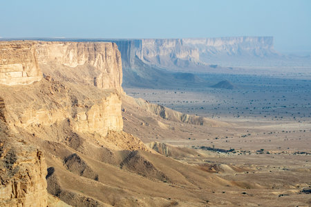 The Jabal Tuwaiq Mountains, with desert below landscape, Riyadh, Saudi Arabiaの写真素材