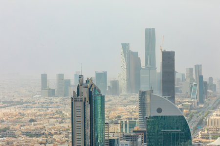 Aerial panorama of downtown of Riyadh city with skyscrapers of Al Olaya central business district,...