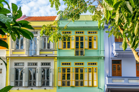 Cute colorful old colonial style houses, China town, Singaporeの写真素材
