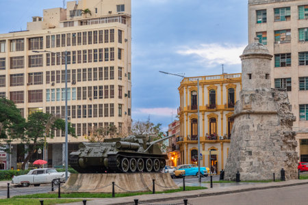 Center of Havana with ruin of old bastion and Soviet tank, Havana, Cubaの写真素材