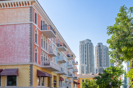 Qanat Quartier luxury residential district with authentic colorful apartment buildings, Pearl Island, Doha, Qatarの写真素材