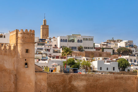 Kasbah of the Udayas ancient bastion walls and towers with old medina town and promenade square, Rabat, Moroccoの写真素材