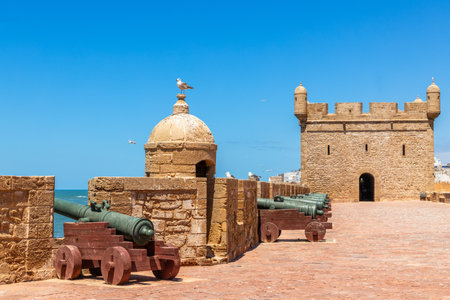 Port of Essaouira Sqala, Portuguese castle with rows of old cannons and stone wall with fort and seagulls, Essaouira, Moroccoの写真素材