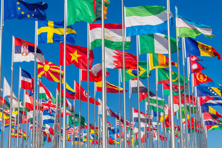 Lots of worlds countries national flags waving on the wind, with Sweden, Serbian, Tajik, Bahrain,...