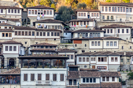 Albanian town historic center with traditional Ottoman houses on a hillside with white stone architecture, Berat, Albaniaの写真素材
