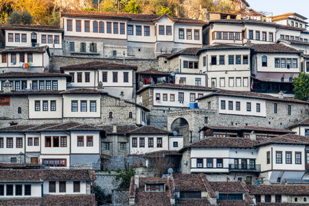 Albanian town historic center with traditional Ottoman houses on a hillside with white stone architecture, Berat, Albaniaの写真素材