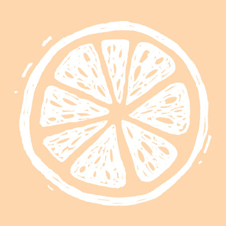 A silhouette illustration of a white orange slice on a orange background.の写真素材