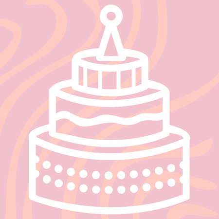 A silhouette illustration of a birthday cake on a background of pink swirled strips.