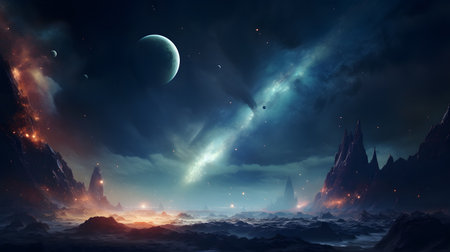 Fantasy alien planet. Mountain and nebula. Beauty of deep space. Billions of galaxies in the universe Cosmic art backgroundの写真素材