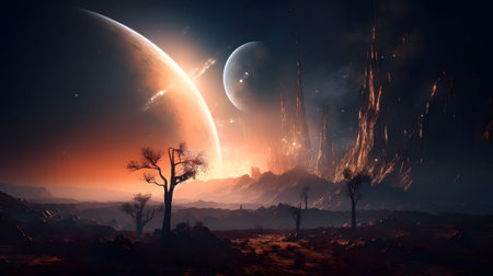 Fantasy alien planet. Mountain and nebula. Beauty of deep space. Billions of galaxies in the universe Cosmic art backgroundの写真素材
