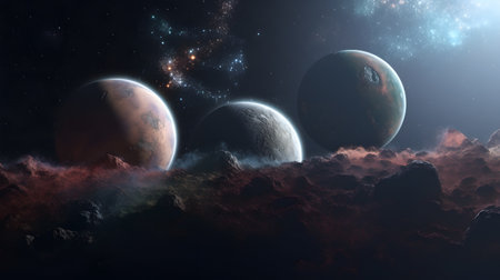 Night sky with stars and nebula, 3d rendering. Computer digital drawing. Fantasy space background with alien planet landscape with mountains and stars.の写真素材