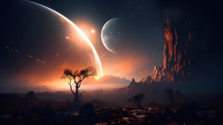 Digital Illustration of a Planet with a Fire in the Foreground. Beauty of deep space. Billions of galaxies in the universe Cosmic art backgroundの写真素材