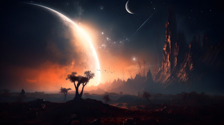 Fantasy landscape with trees Night sky with stars and nebula, 3d rendering. Computer digital drawing. Fantasy space background with alien planet landscape with mountains and stars.の写真素材