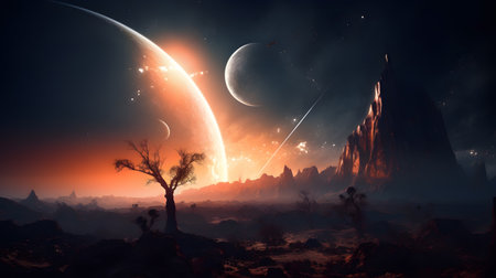 Fantasy landscape with trees Night sky with stars and nebula, 3d rendering. Computer digital drawing. Fantasy space background with alien planet landscape with mountains and stars.の写真素材