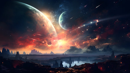 Fantasy space background with alien planet landscape with mountains and stars. Galaxy illustration. Space nebula. Distant galaxyの写真素材