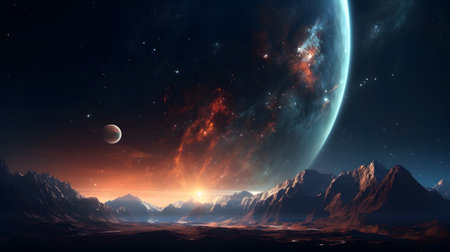 Fantasy alien planet. Mountain and nebula. Galaxy illustration. Space nebula. Distant galaxyの写真素材