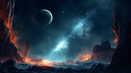 Fantasy alien planet landscape with mountains and clouds. Galaxy illustration. Space nebula. Distant galaxyの写真素材