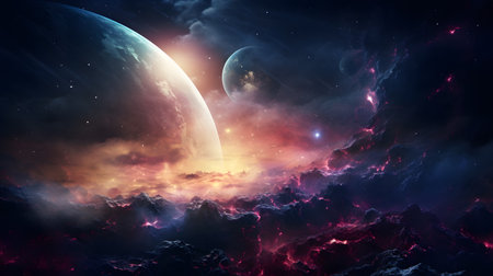 Fantasy space background with planet landscape with mountains and stars. Galaxy illustration. Space nebula. Distant galaxyの写真素材