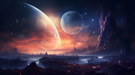 Fantasy space background with alien planet landscape with mountains and stars. Galaxy illustration. Space nebula. Distant galaxyの写真素材