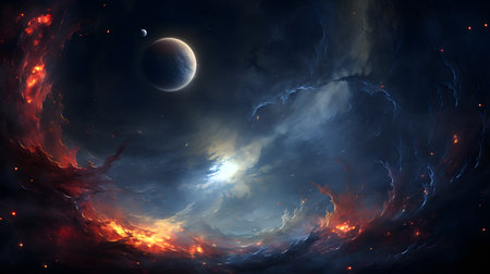 Abstract space background with planets, stars and nebula. 3D rendering. Galaxy wallpaper. Planets, stars and galaxies in outer space showing the beauty of space exploration.の写真素材
