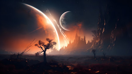 Fantasy space landscape with a planet, trees and a moon. galaxyの写真素材