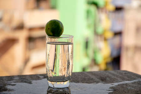 Raw lemon above to fall in transparent glass filled with water on blur background.