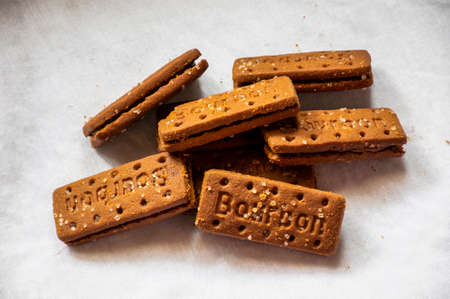 Bangalore, Karnataka, India-February 20th 2021;Picture of creamy and chocolatey bourbon biscuits on white backgroundのeditorial素材