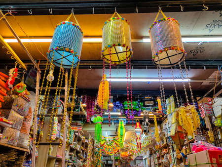 Kolhapur, Maharashtra, India-December 5th 2020; Stock photo of Indian decorative items shop, full of decorative items for festival like diwali, Christmas, new year.のeditorial素材