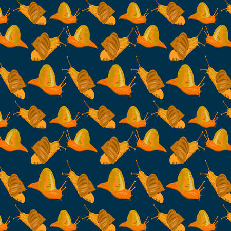 Vector of brown shaded cartoon snails pattern on dark blue color background. snails cartoon character.のイラスト素材
