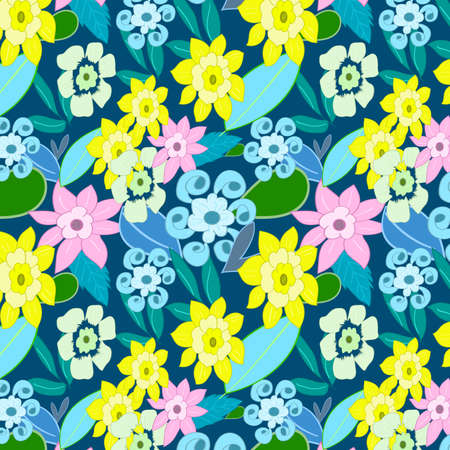 Floral Seamless pattern on Prussian blue color background. different types of flower and leaf like yellow color daffodil ,pink cherry bloom, jasmine etc.のイラスト素材