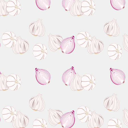 Seamless pattern of whole garlic with half onion or cut onion on cultured color background. food ingredient sketch pattern.のイラスト素材