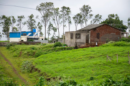 Stock photo of a house constructed with red bricks in between green grass and trees, blue color shelter, water tank and solar panel installed beside the house in monsoon season at Indian village.のeditorial素材