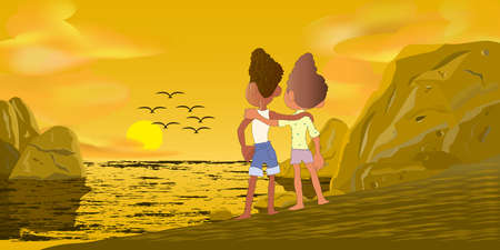Vector art of two young boys wearing shorts, vest and shirt standing together near beach and enjoying beautiful varies yellow shades of seaside sunset view, flock of birds flying in the air.のイラスト素材