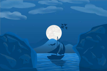 Vector art of blue shaded scenic sea landscape with full white moon, flying birds, shining stars, sailing boat, sea water with mountains.のイラスト素材